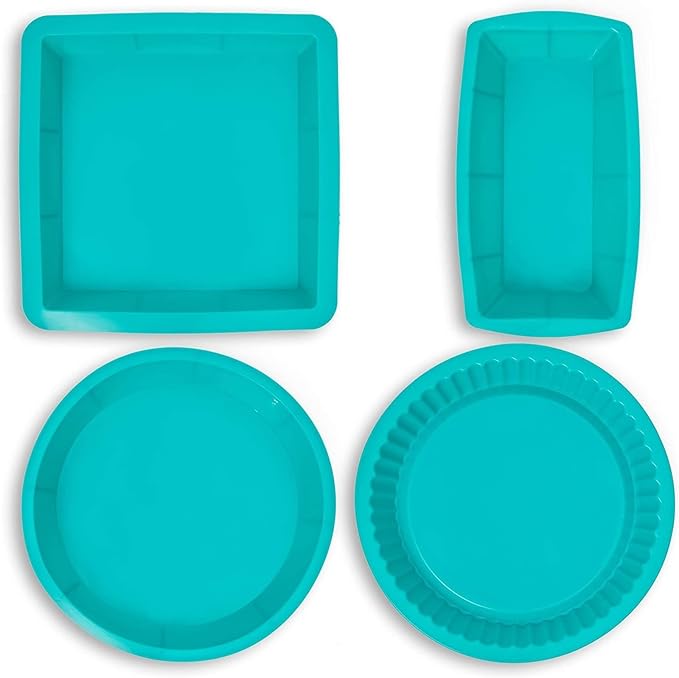Juvale Silicone Baking Pans Set - 4-Piece Teal Set: Square, Rectangular, Round Cake & Pie - Nonstick Flexible Silicone Bakeware, Oven & Microwave Safe