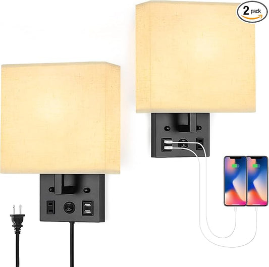 Black Wall Sconces Set of Two, Bedside Wall Lights for Bedroom, Plug in Wall Sconce with USB Ports and Outlets, Modern Wall Lamp for Mirror Kitchen Living Room Hallway, E26 Base (LED Bulbs Included)