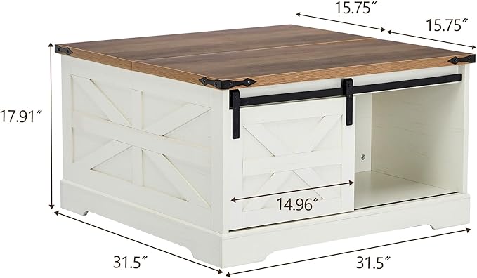 Farmhouse Coffee Table with Flip-Top Lid Rustic Wood Storage Center Table with Hidden Compartment and Sliding Barn Doors Square Cocktail Table for Living Room, Rustic White