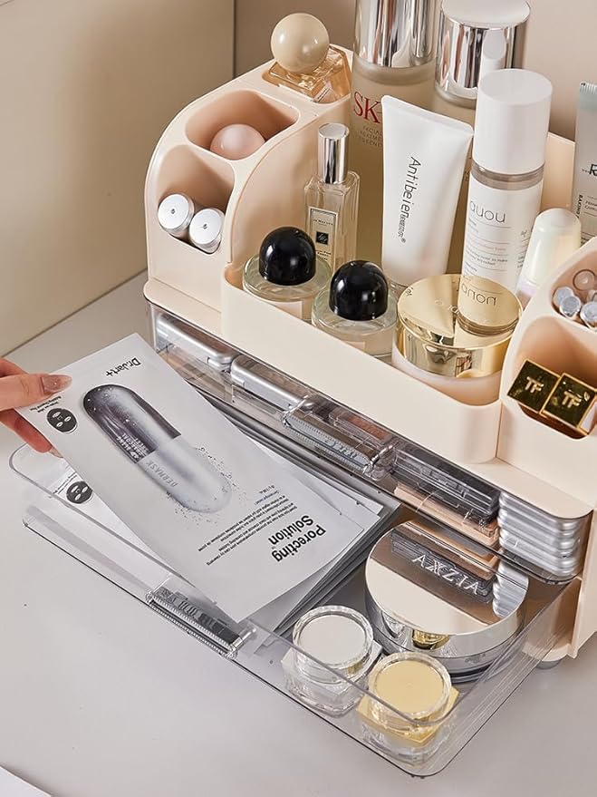 Makeup Organizer with 2 Drawers, Cosmetic Display Case, Storage Holder for Vanity, Bathroom Counter, Desk, Beauty Supplies (White)