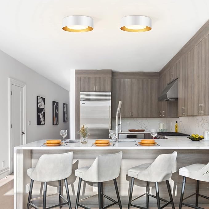 Modern White and Gold Flush Mount Ceiling Lights, Glass Round Ceiling Lighting, Minimalist Drum Close to Ceiling Light Fixtures for Bedroom, Dining Room, Bathroom, Hallways, Living Room