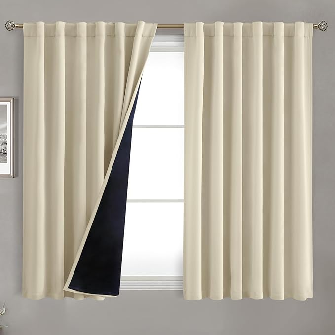 BGment Beige Short Full Blackout Curtains with Thermal Insulation Liner Curtains 45 Inches Long，Rod Pocket and Back Tab Double Layer Room Darkening Window Curtains for Bedroom(52 x 45 Inch, 2 Panels)