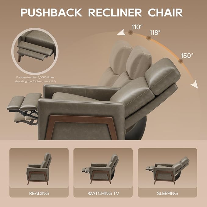 COLAMY Push Back Recliner Chair Set of 2,Mid Century Modern Wingback Chair, Comfy Armchair PU Leather Living Room Chairs with Wood Legs Reclining Chair Adjustable, Grey