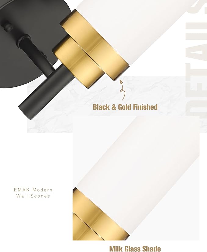 Emak Modern Wall Sconce, Black and Gold Bathroom Light Fixtures with Milk Glass Shade, Sconces Wall Lighting for Bathroom, Bedroom, Living Room, Hallway, WS085-BKBGD-ML