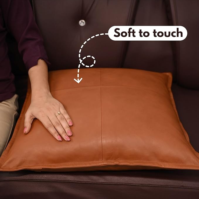 D DOLLY LAMB Lambskin Leather Pillow Cover - Sofa Cushion Case - Decorative Throw Covers for Living Room & Bedroom, 18x18 Inches - Camel Antique Box