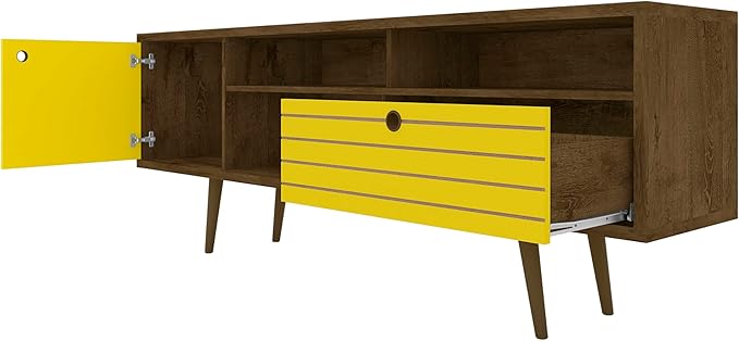 Manhattan Comfort Liberty Mid Century Modern TV Stand for Televisions up to 65 Inches, Bedroom and Living Room Entertainment Center with Storage, Shelves, and Cabinet, 71" Wide, Rustic Brown/Yellow