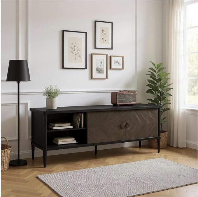 Lenia Solid Wood TV Stand – Mid-Century Modern Entertainment Center, Wooden Media Console with Chevron Doors, Adjustable Shelves & Cable Management – Sturdy Design – Mocha Black Finish