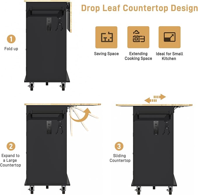 59.1" Movable Kitchen Island with Drop Leaf and Power Outlet, Rolling Island Cart w/Storage Cabinet, Island Table on Wheels for Kitchen w/2 Drawers, Spice Rack, Towel Bar, Garage Hook, Black