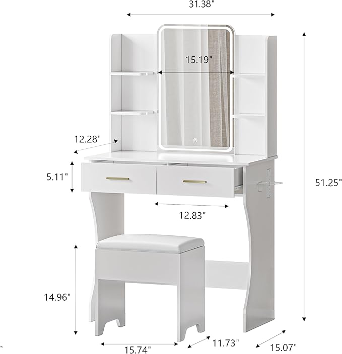 Makeup Vanity Desk with Mirror and Lights, White Vanity with Power Outlet and LED Lights, Vanity Table with 2 Drawers and 6 Storage Shelves, Vanity Set with Chair for Bedroom
