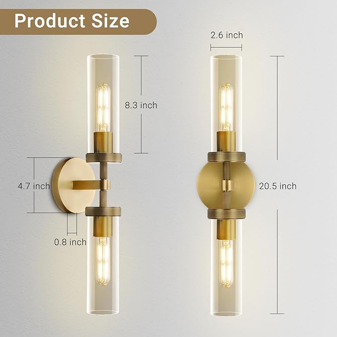 Gold Wall Sconce for Bathroom Hardwired, 20.5" Brass Wall Sconces, Linear Sconces Wall Lighting Double-Lights, Bathroom Lighting Fixtures over Mirror, Tube Bath Vanity Light for Living Room, Bedroom