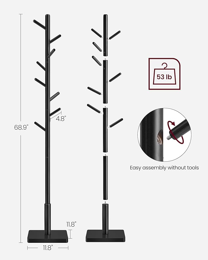 VASAGLE Solid Wood Coat Rack, Free Standing Hall Coat Tree with 8 Hooks, 3 Height Options, for Coats, Hats, Bags, Purses, for Entryway, Hallway, Rubberwood Hooks and Pole, Ink Black URCR010B01