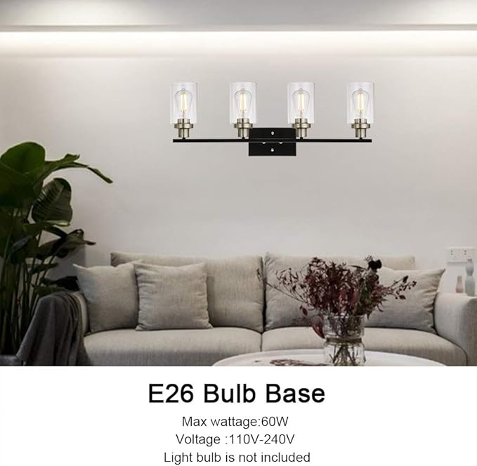 MELUCEE 4-Light Modern Vanity Lights with Clear Glass Shade, Black Bathroom Lighting Fixtures Over Mirror Brushed Nickel Wall Mount Lamp for Vanity Table Mirror Cabinets (Patent No.: US D963914 S)