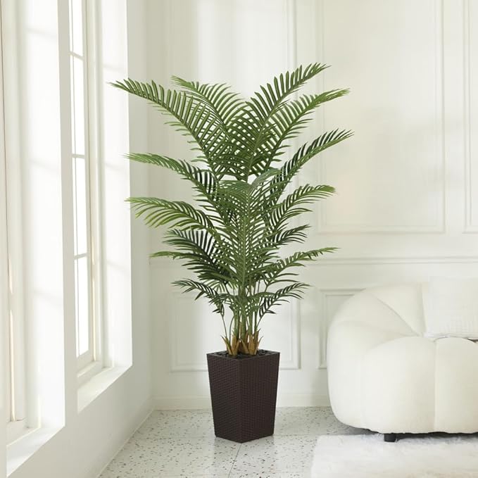 6FT Artificial Palm Tree - Tall Fake Tree with Brown Taper Planter & Pebbles, UV Resistant for Indoor & Outdoor Decor - Large Potted Faux Plant for Living Room, Office, Home Decor,VN130