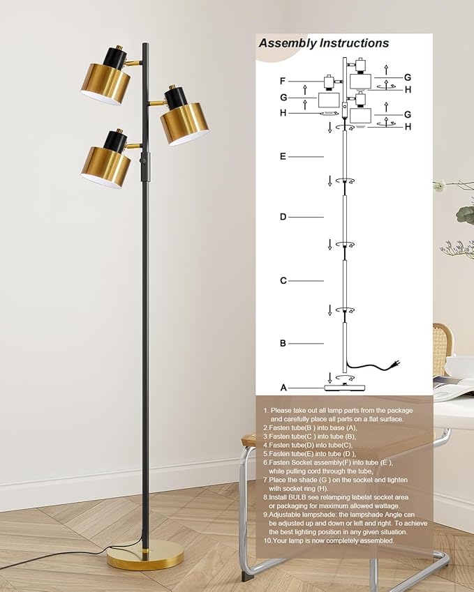 OYEARS Floor Lamp for Living Room Bright Lighting Tall Modern Industrial Vintage Standing Corner Lamps LED Metal Light Office Bedroom Study Gold Black Cream Matte Accent (3-Light, Gold)