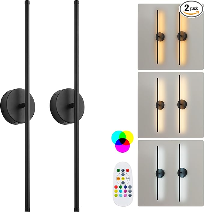 Battery Operated Wall Sconces Set of Two, with Remote Control, Dimmable, Warm White/Natural White/Daylight/RGB, 350°Rotate, LED Black Wireless Wall Light for Living Room, Bedroom, 28.3 Inch