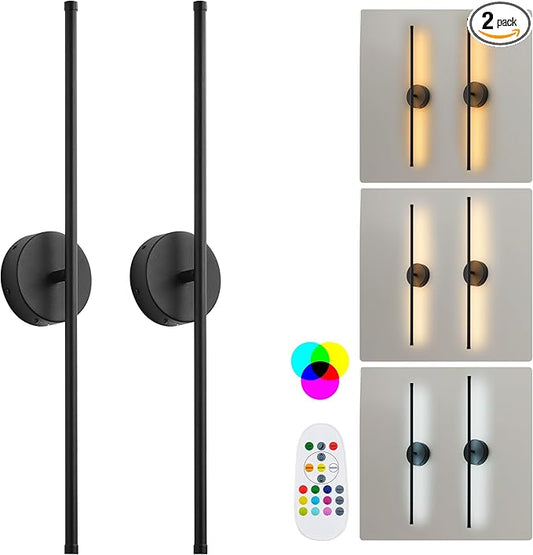 Battery Operated Wall Sconces Set of Two, with Remote Control, Dimmable, Warm White/Natural White/Daylight/RGB, 350°Rotate, LED Black Wireless Wall Light for Living Room, Bedroom, 24.4 Inch