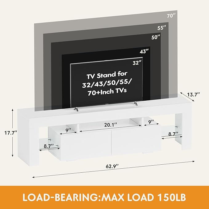 YESHOMY Modern LED TV Stand for Televisions up to 70 Inch with Glass Shelves and Drawer, Gaming Entertainment Center with Multiple Dynamic RGB Modes, for Livingroom, Bedroom, 60 Inch, White