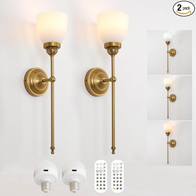 HEQIQEH Vintage Rechargeable Battery Powered Wall Sconces Set of 2, Funnel Flared Glass Shade Dimmable Cordless Wall Mounted Lamp Fixture with Remote Control for Bedroom Bathroom Vanity Stairs