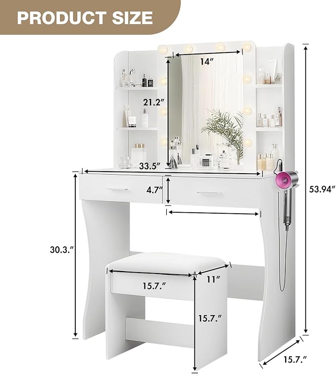 Vanity Desk with Mirror and Lights, Makeup Vanity Table and Chair Set with Power Strip, 3 Color Modes Adjustable Brightness Dressing Table, White Vanity for Bedroom