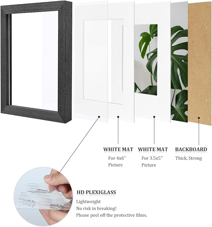 Egofine 4x6 Picture Frame Made of Solid Wood with Plexiglass, Display Pictures 3.5x5 with Mat or 4x6 Without Mat for Tabletop and Wall Mounting, Rustic Black