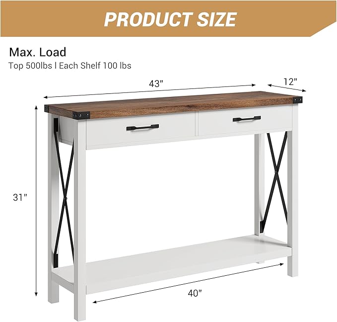 43” Entryway Table with Drawers, Narrow Console Sofa Table with Storage & Shelves, Farmhouse Entryway Console Table for Hallway, Living Room - White