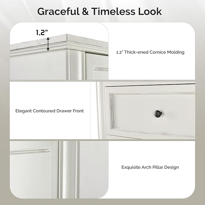 VINGLI White Dresser, 47" Tall Dresser Wood, 5 Drawer Dressers for Bedroom, White Chest of Drawers