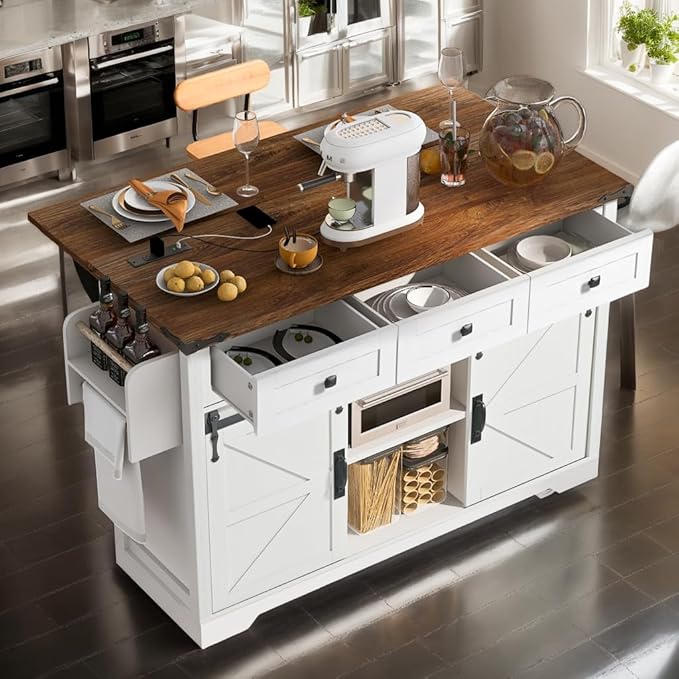 53.7" Farmhouse Mobile Kitchen Island Cart with Drop Leaf, Storage Island with Sliding Barn Door,Rolling Home Cart on Wheel Breakfast Bar Table with Power Outlet,3 Drawer,Cabinet,Tower Rack(White)