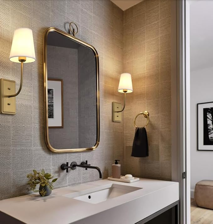 Farmhouse Brass Wall Sconce 1-Light, Linen Fabric Shade Wall Lamp Hardwired Indoor Wall Light for Bedroom Living Room Vanity Bathroom (Linen Cloth 2-Pack)