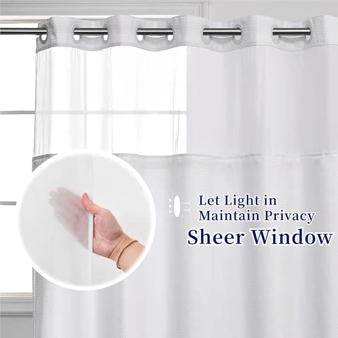 No Hooks Required Long Waffle Weave Shower Curtain with Snap in Liner-Hotel Grade Waterproof & Mesh Top Window Spa Like Bath Curtain Machine Washable Heavy Duty 71''W x 86''H White