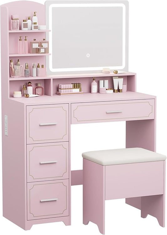 Vanity Table with LED Mirror & Power Outlet - 5 Open Shelves, 4 Drawers - Includes Padded Stool - Ideal Bedroom Makeup Dressing Table （Pink）