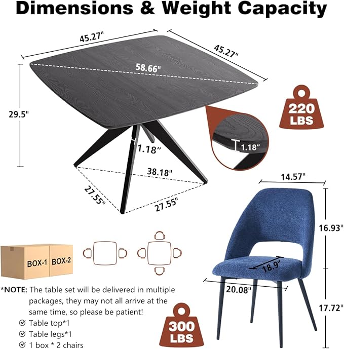 Kidol & Shellder 45.2" Square Dining Table Set for 2-4 People Modern MDF Wooden Dining Room Table with X-Shaped Metal Base Kitchen Table for Dining Room Kitchen Office（Black Table+2pcs Blue Chairs