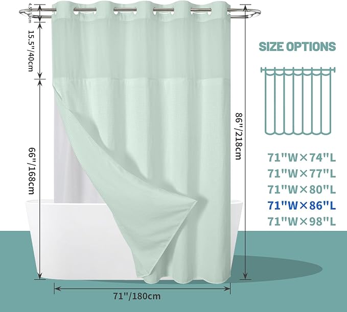 MintGreen Extra Long No Hook Waffle Weave Shower Curtain with snap-in Liner Replacement, 230GSM Waterproof Fabric Hotel Shower Curtain Set for Bathroom, Through Mesh Top Window,71Wx86H