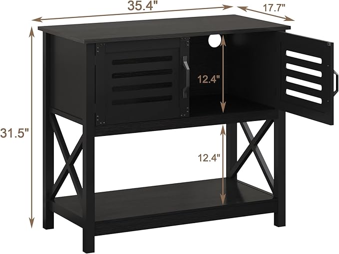 ChooChoo Black Console Table with Charging Station, 35.4 L x 17.7 D x 31.49 H Coffee Bar Cabinet with Storage, Sideboard Buffet Cabinet with Doors for Kitchen, Living Room