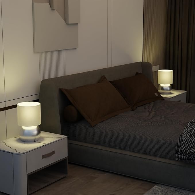 Set of 2 Small Silver Spherical Base Bedside Table Lamp with Textured Linen Shade (Bulb Included)