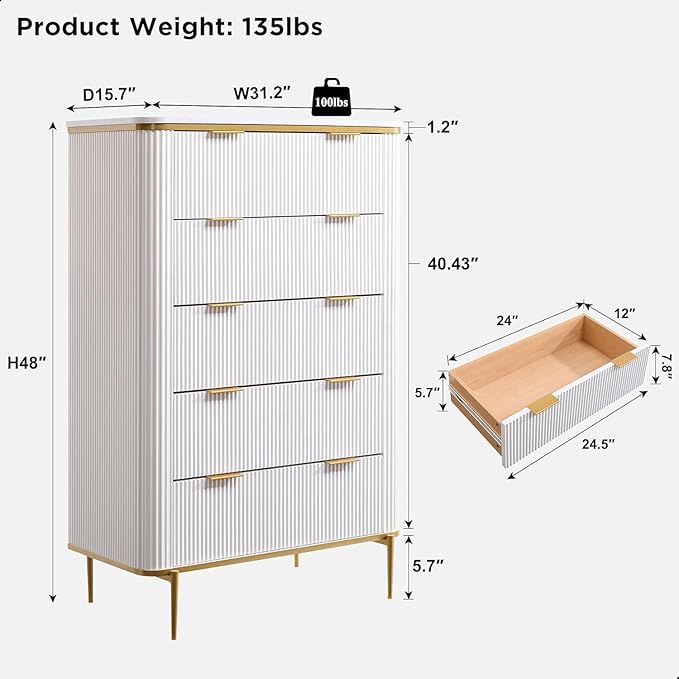 T4TREAM Fluted 5 Drawers Dresser for Bedroom, 48" Tall Modern Dresser Chest of Drawers, Gold Accents, Fluted Fronts, Wood Storage Dressers Organizer for Bedroom, Living Room (Off White)