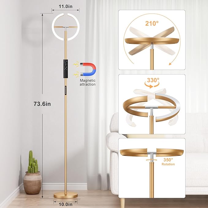 LED Floor Lamp - 70" Tall Modern Standing Lamp with 2 Rotatable Lights, Remote & Touch Control, 24W Bright Stepless Dimmable, Ideal for Living Room Bedroom Office(Gold)