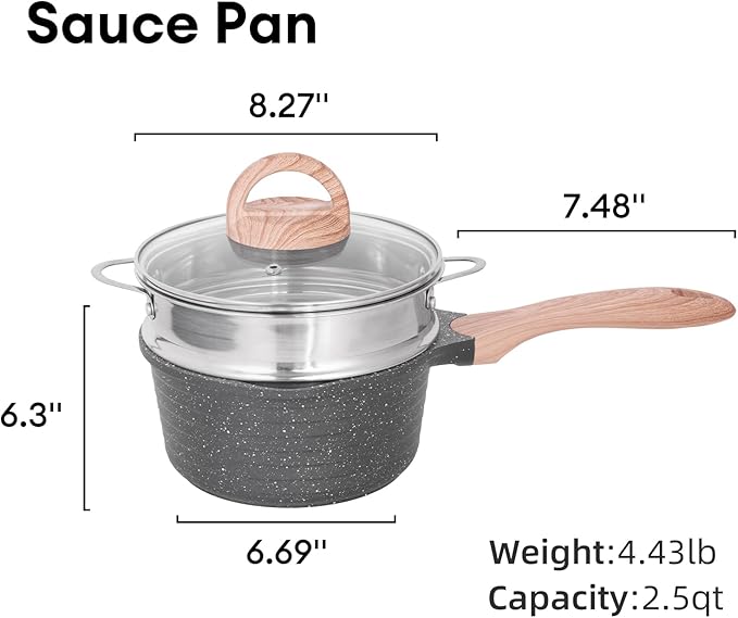 JEETEE 2.5 Quart Saucepan with Steamer Basket, Small Sauce Pot with Lid，Nonstick Coating with Pour Spout, Induction Compatible Cookware Sauce Pan for Cooking, PFOA/PFOS Free
