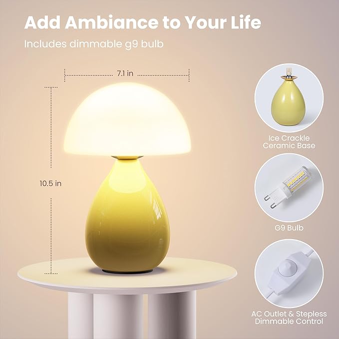 Mushroom Lamp Bedside, Mini Modern Lamp Small Vintage Table Nightstand Light, Small Light Dimmable for Bedroom, Living Room, Ceramic Base Glass Led Home Decor for Woman Children Gift