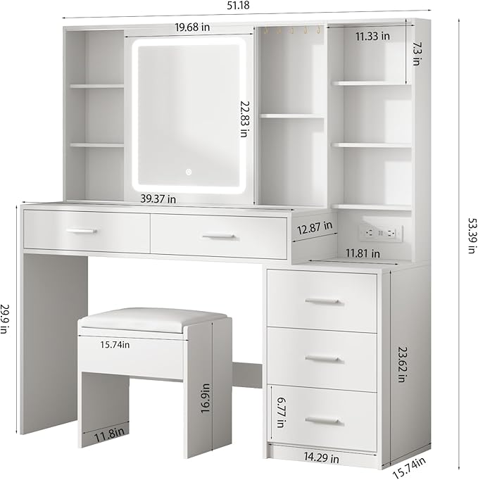 Fameill Vanity Desk with Mirror and Lights, Makeup Vanity with 5 Drawers, Makeup Desk with Charging Station and Ample Storage, Dressing Table with Chair for Bedroom Room (White)