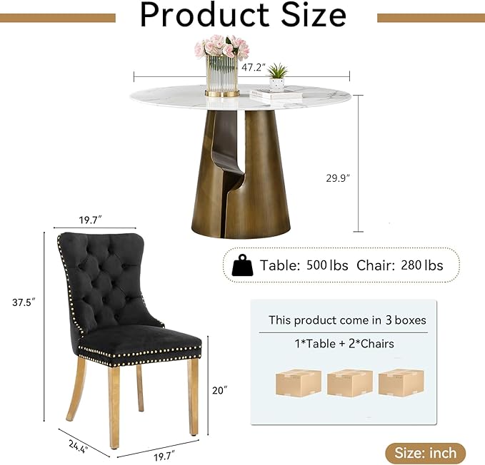 3-Piece Faux Marble Round Dining Table Set for 2, Modern Luxury Kitchen Table Set for 2 with Black Tufted Chairs,Circle Dining Tables with White Marble Grain Top and Bronze Pedestal Base