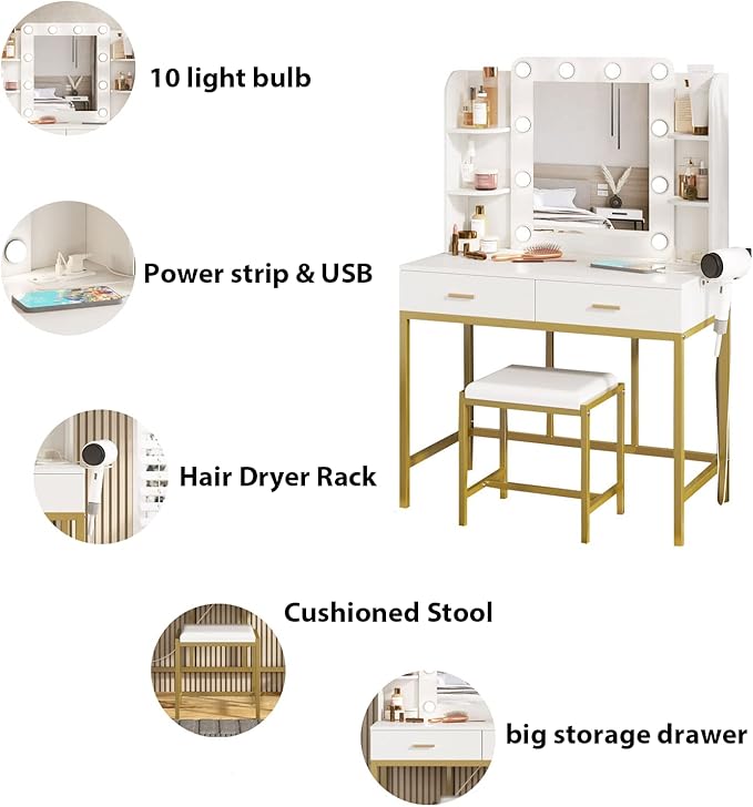 Vabches Vanity Desk with Mirror and Lights, with Charging Station,Makeup Vanity Table Set with Lighted Mirror, with 3 Lighting Modes and 2 Drawers&Cushioned Stool for Bedroom