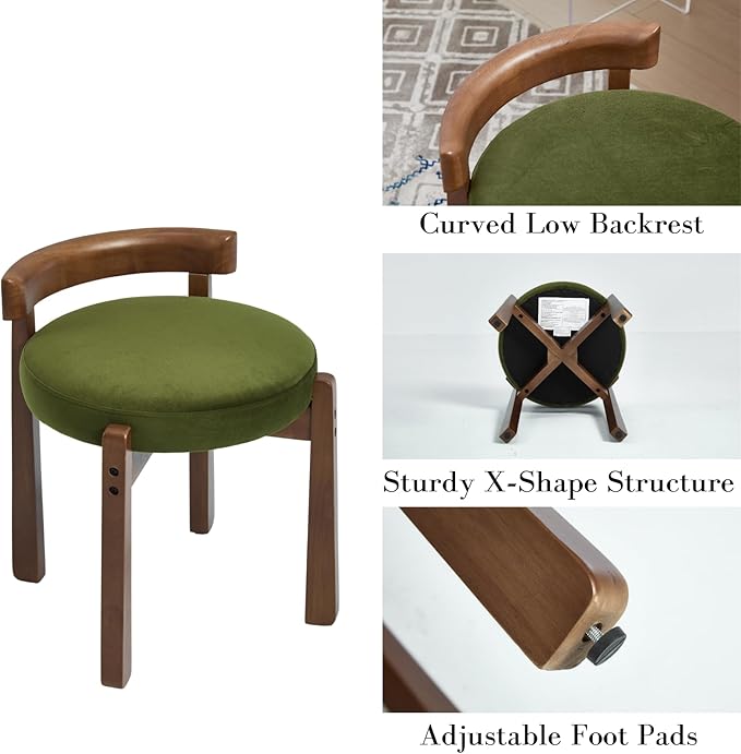 DUOMAY Modern Velvet Vanity Stool, Upholstered Low Back Ottoman with Solid Wood Legs Cute Round Footrest Makeup Stool Dressing Seat for Living Room Bedroom, Green