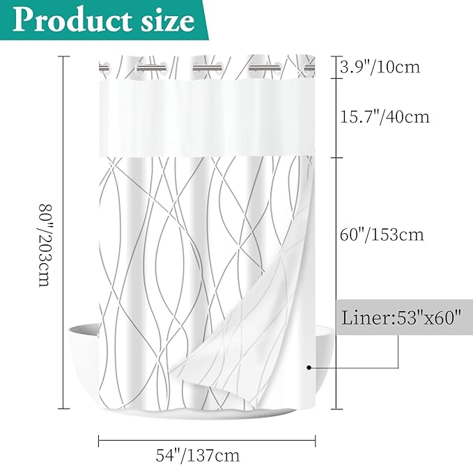 No Hook Grey Shadow Striped Stall Shower Curtain with Snap in Fabric Liner Set - Hotel Shower Curtain and Liner Set with See Through Mesh Top Window,Machine Washable, 54x80 INCH