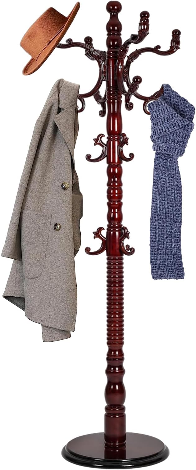 73 in Wood Coat Rack, Coat Rack Freestanding with Stable Round Base, Adjustable Height Tree Coat Racks Stand for Home Bedroom Office Hallway Entryway (Redwood)