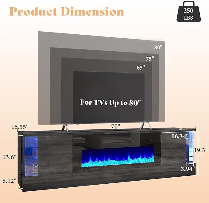 AMERLIFE 70" Glossy Oak Fireplace TV Stand with 36" Fireplace for TVs up to 80", LED Lights Entertainment Center with Flip Doors & Corner Glass, Modern TV Console Table, Living Room, Black