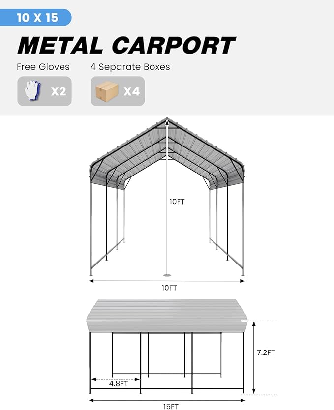 10'x15'x10' Heavy Duty Metal Carport, Steel Carports Canopy with Galvanized Steel Frame and Roof, Metal Carport Shelter for Boats, SUVs and Trucks