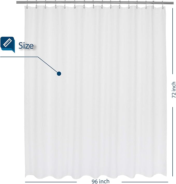 Wide Fabric Shower Curtain Waffle Weave 96 Width by 72 Height inches, Hotel Luxury Spa, 230 GSM Heavyweight, Water Repellent, Machine Washable, White Pique Pattern Bathroom Curtain, 96x72