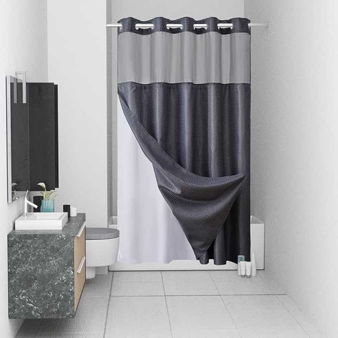 No Hook Waffle Weave Shower Curtain with Snap in Fabric Liner Set,Heavy Duty Textured Bathroom Curtain with See Through Window,Waterproof & Machine Washable,Dark Grey,54x80 Inch