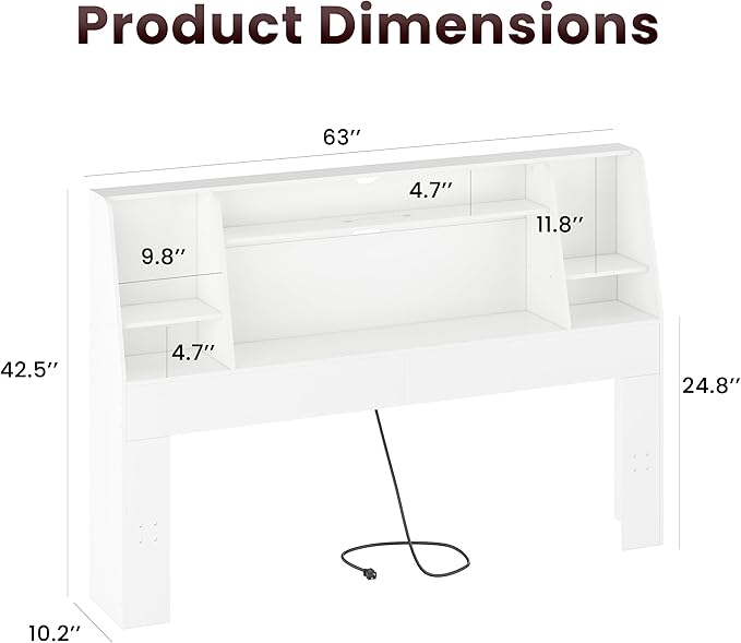 Headboard Queen Size with Storage, Upholstered Wood Bookcase Headboard with Charging Station & 2 LED Lights (White, Queen)