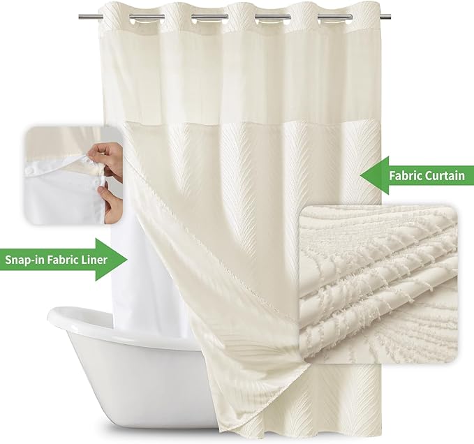 No Hook Shower Curtain and Liner Set,No Hook Tufted Striped Textured Shower Curtain with Snap in Liner Replacement,Boho Style with See Through Top Window,White, Beige/Cream, 71Wx80H